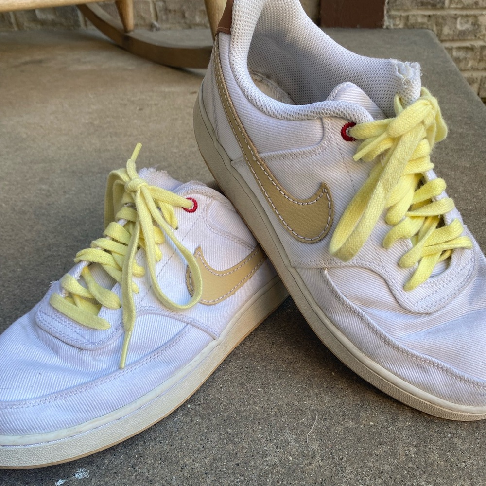 Nike White and Gold Sneakers with Yellow Laces Canvas with leather Swoosh